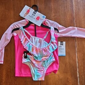 Girls Size S 6/6X Pink Floral Ruffle One-Piece Swimsuit with Pink Rashguard